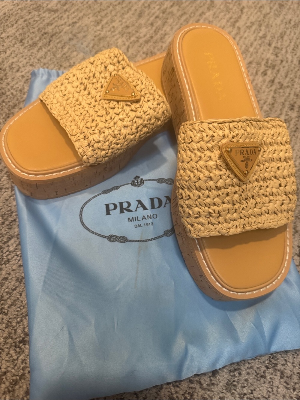Prada Yellow Woven Platform Slide Sandals